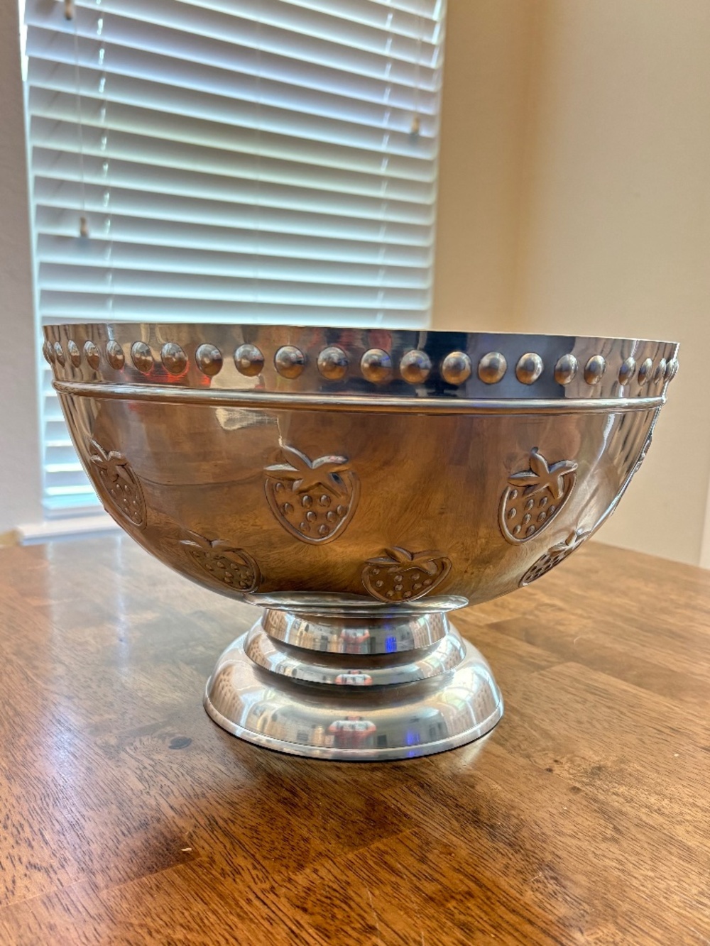 Vintage Large Deep Aluminum Textured Strawberry Fruit Salad Serving Bowl